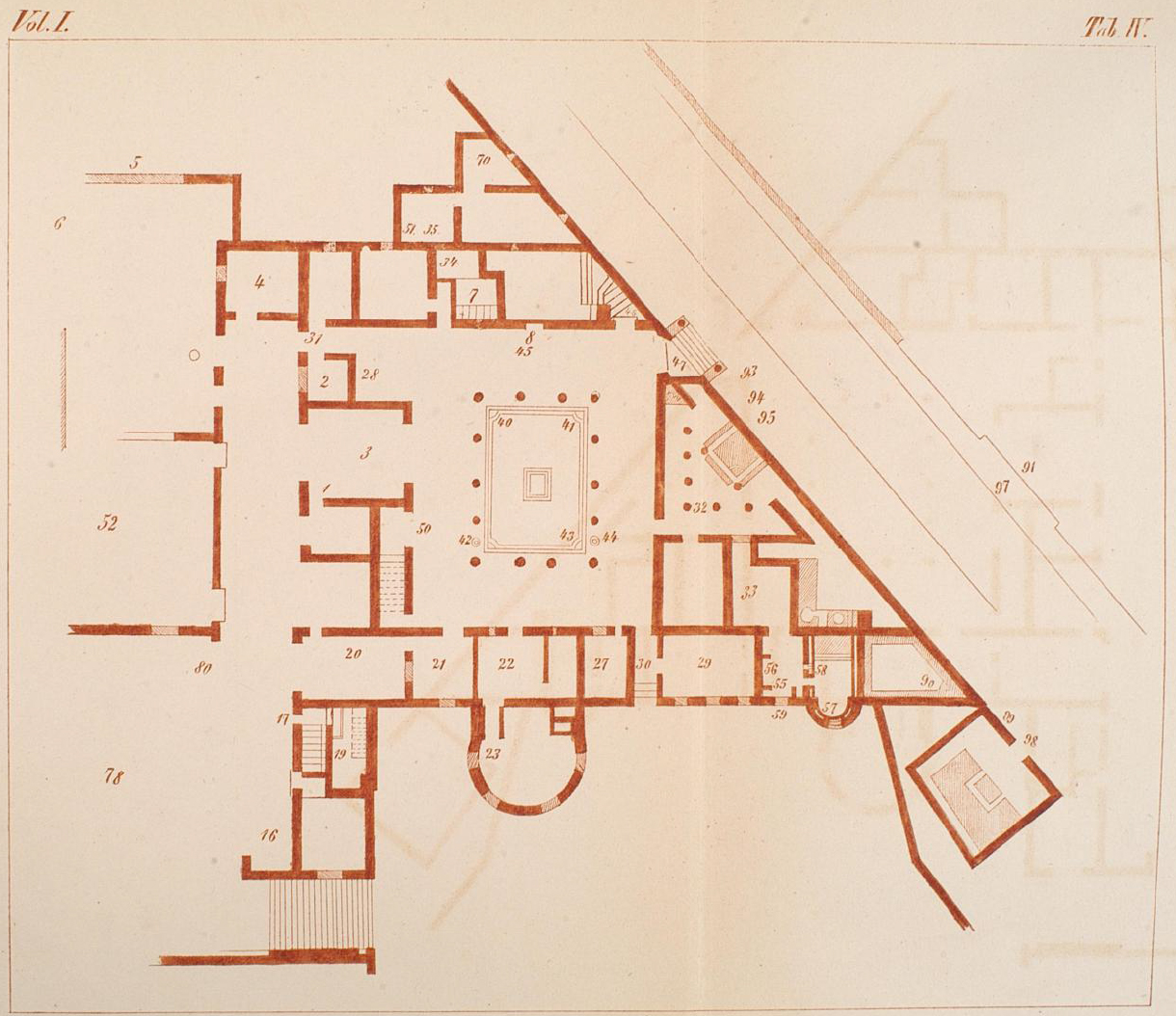 Villa of Diomedes. Plan of main floor by F. la Vega showing find locations reported in PAH.

See Fiorelli G., 1860. Pompeianarum antiquitatum historia, Vol. 1: 1748 to 1818, Naples, Tab. IV, pp. 118-133, p. 156-160, p. 276-280.

See PAH, 1,1, addendum, p.156 - 9 Febbraio 1771. Commincia lo scoprimento della casa di campagna, detta di Arrio Diomede. 

(“9th February 1771. Began the uncovering of the country house, said to be of Arrio Diomede.”) 